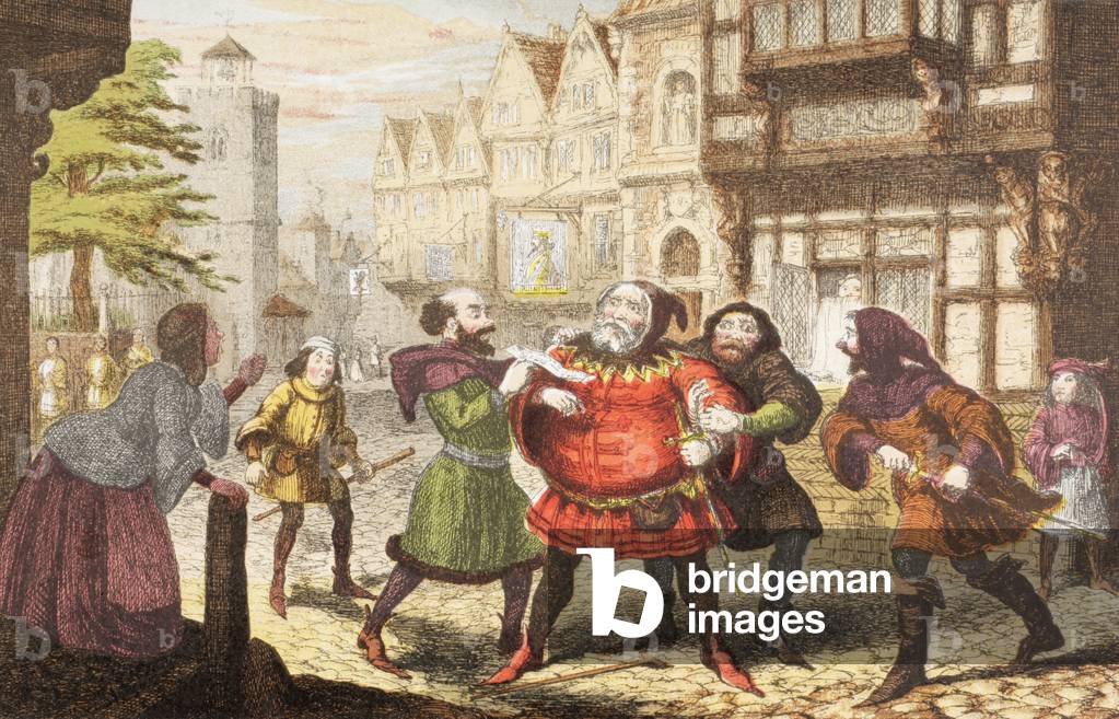 Mrs Quickly has Sir John Falstaff arrested in Henry IV, Part 2, from 'The Illustrated Library Shakespeare', published London 1890 (colour litho)