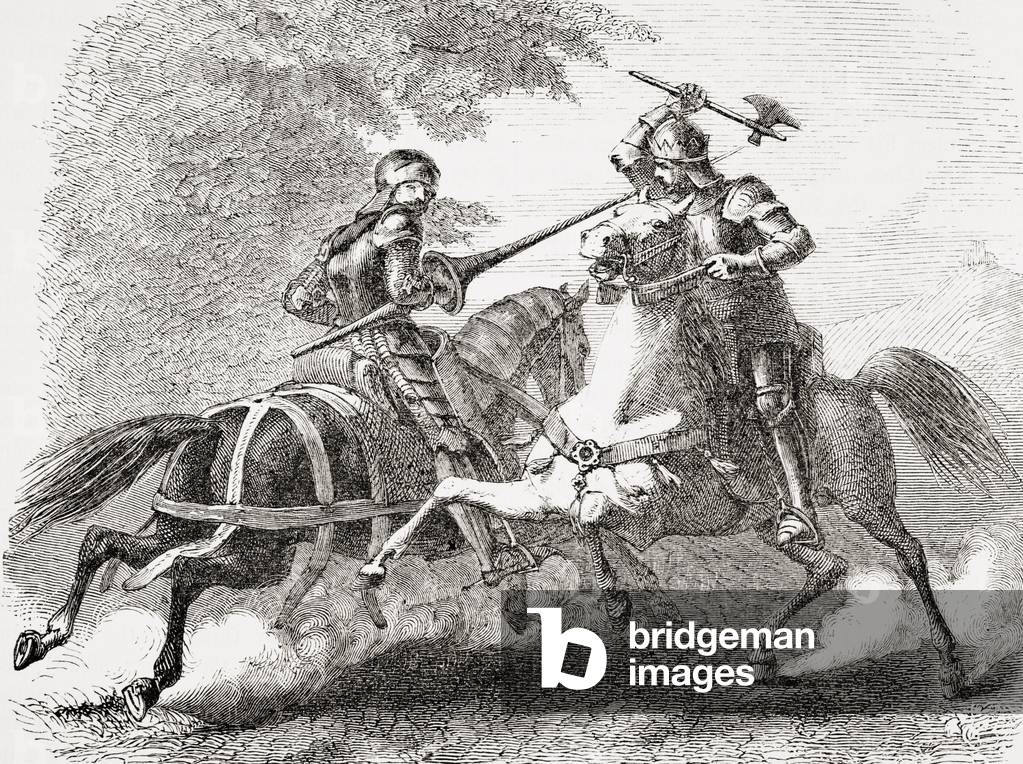 Mounted clash between Robert the Bruce and Sir Henry de Bohun during Battle of Bannockburn June 13, 1314, from The National and Domestic History of England by William Aubrey pub. London, c.1890