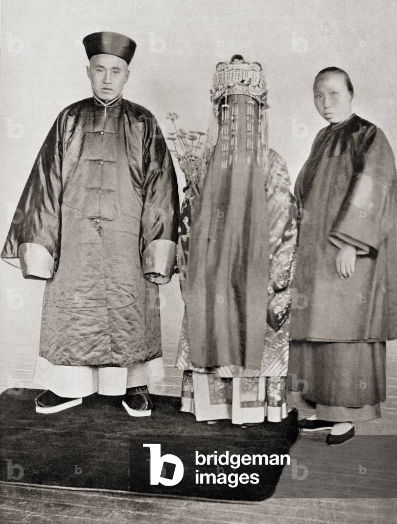 Chinese wedding costume in the 19th century., c.1913 (b/w photo)