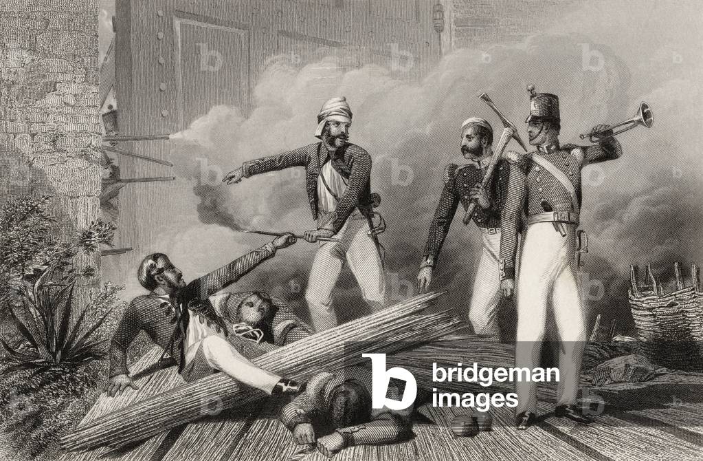 Blowing up of the Cashmere Gate at Delhi, from 'The History of the Indian Mutiny' published in 1858 (engraving)