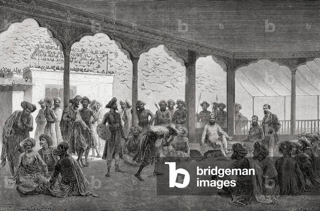The court of the Gaekwad, the ruling prince or Maharaja Gaekwad of Baroda, India, in the 19th century.
