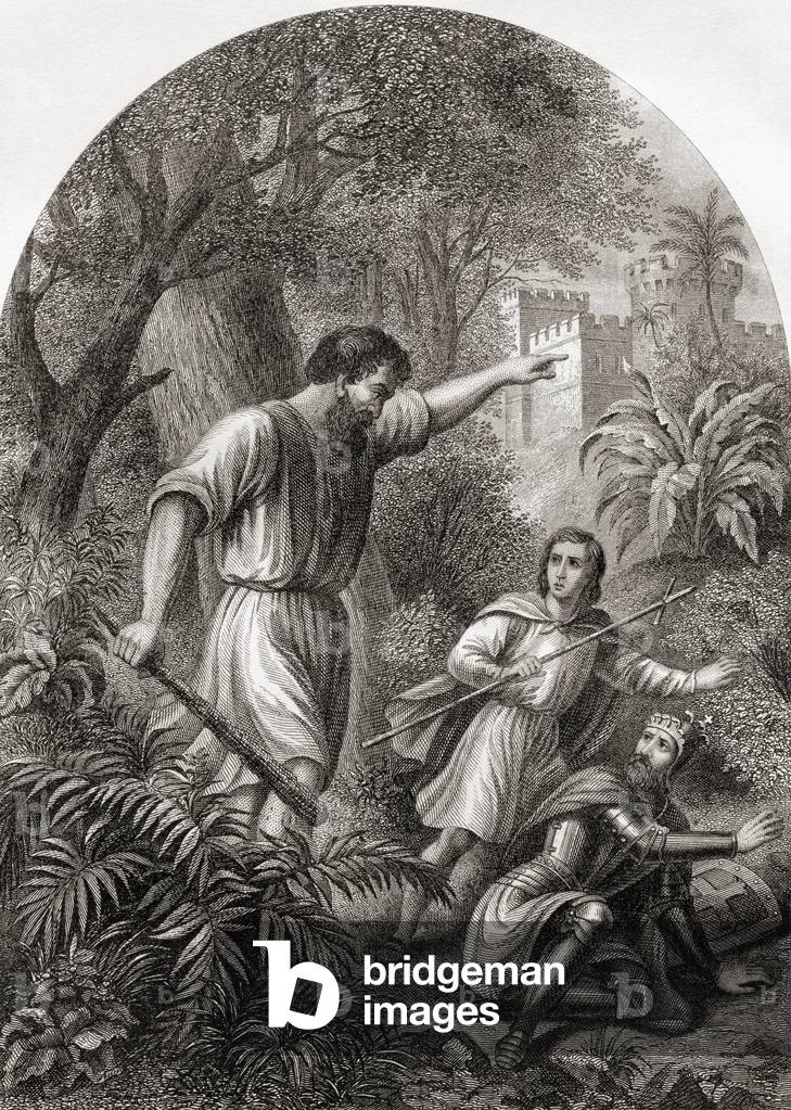 Giant Despair discovers Christian and Hopeful on his grounds.  19th century (print)