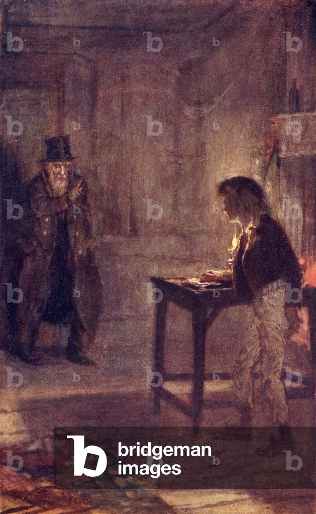 Fagin Warns Oliver, frontispiece from 'The Adventures of Oliver Twist' by Charles Dickens (colour litho)