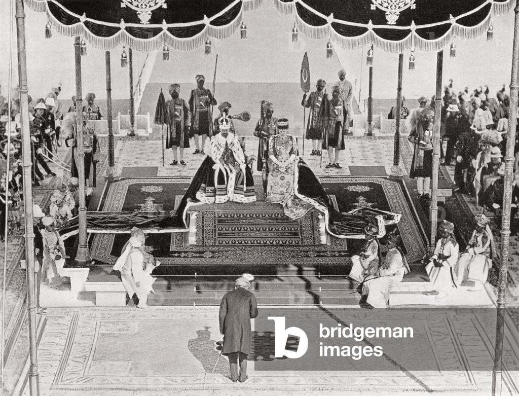 The Nizam of Haidarabad pays homage to King George V and Queen Mary at the 1911 Delhi Durbar, Coronation Park, India, from Hutchinson's History of the Nations, pub.1915