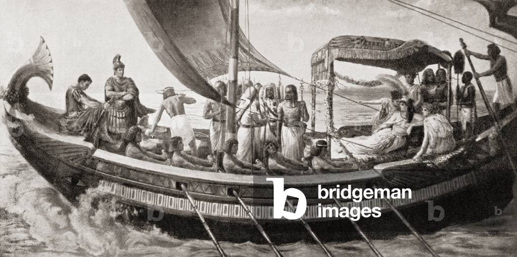 The escape of Antony and Cleopatra to Egypt after the Battle of Actium in 31 BC, from Hutchinson's History of the Nations, pub.1915