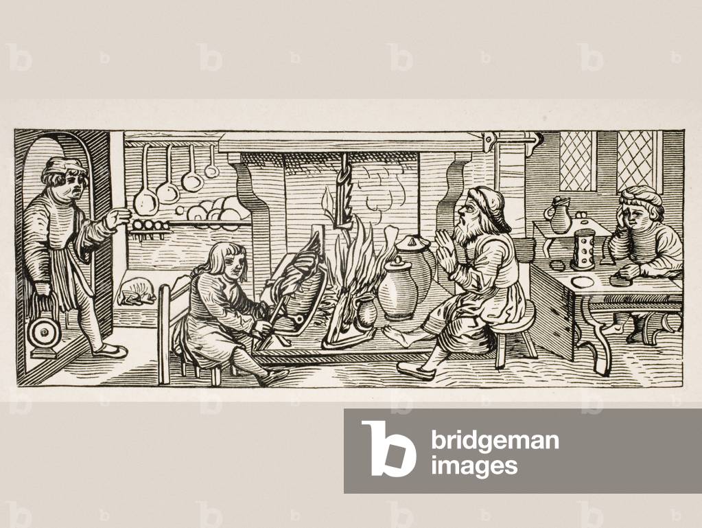 Interior of a Kitchen, after a woodcut in 'Calendarium Romanum' by Jean Staeffler, printed Tubingen, Germany, 1518, from 'Le Moyen Age et La Renaissance' by Paul Lacroix (1806-84) published 1847 (litho)