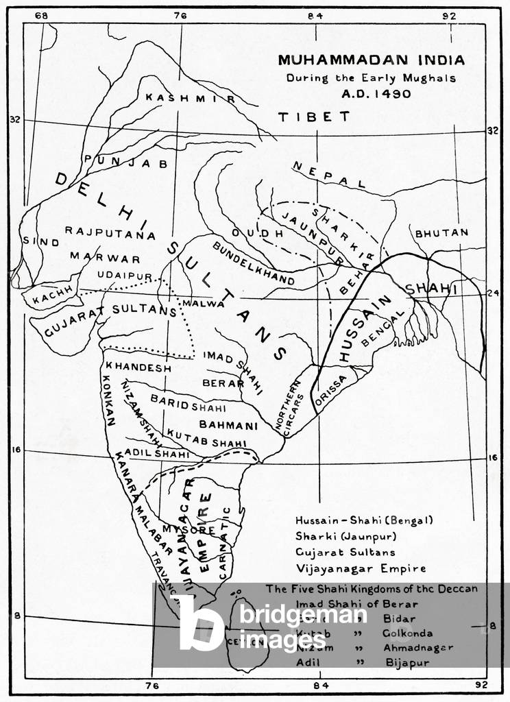 Map of Muhammadan India at the beginning of the Mughal Empire.  From Hutchinson's History of the Nations, published 1915.