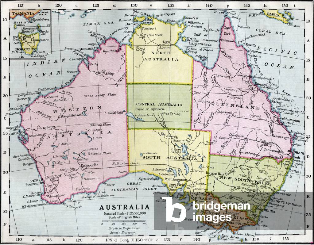 Australia between the First and Second World World Wars, showing the temporary partition of the Northern Territory into North Australia and Central Australia between 1927 and 1931, from Bacon's 'Excelsior Atlas of the World', published c.1930 (colour litho)