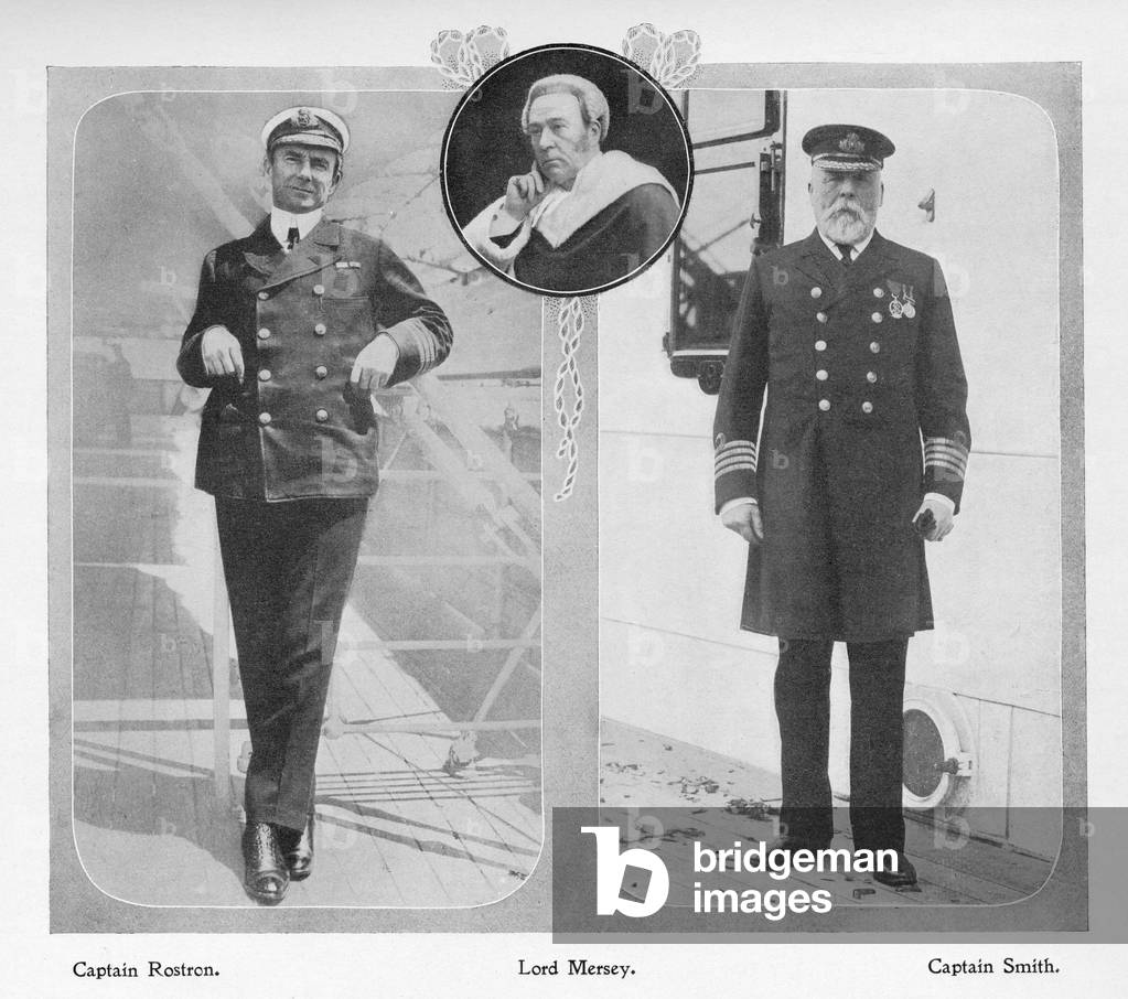 Arthur Henry Rostron, Captain of RMS Carpathia which rescued Titanic survivors (left), Lord Mersey who headed Titanic Commission of Inquiry (centre) and Edward John Smith, Captain of the Titanic (left) (litho)
