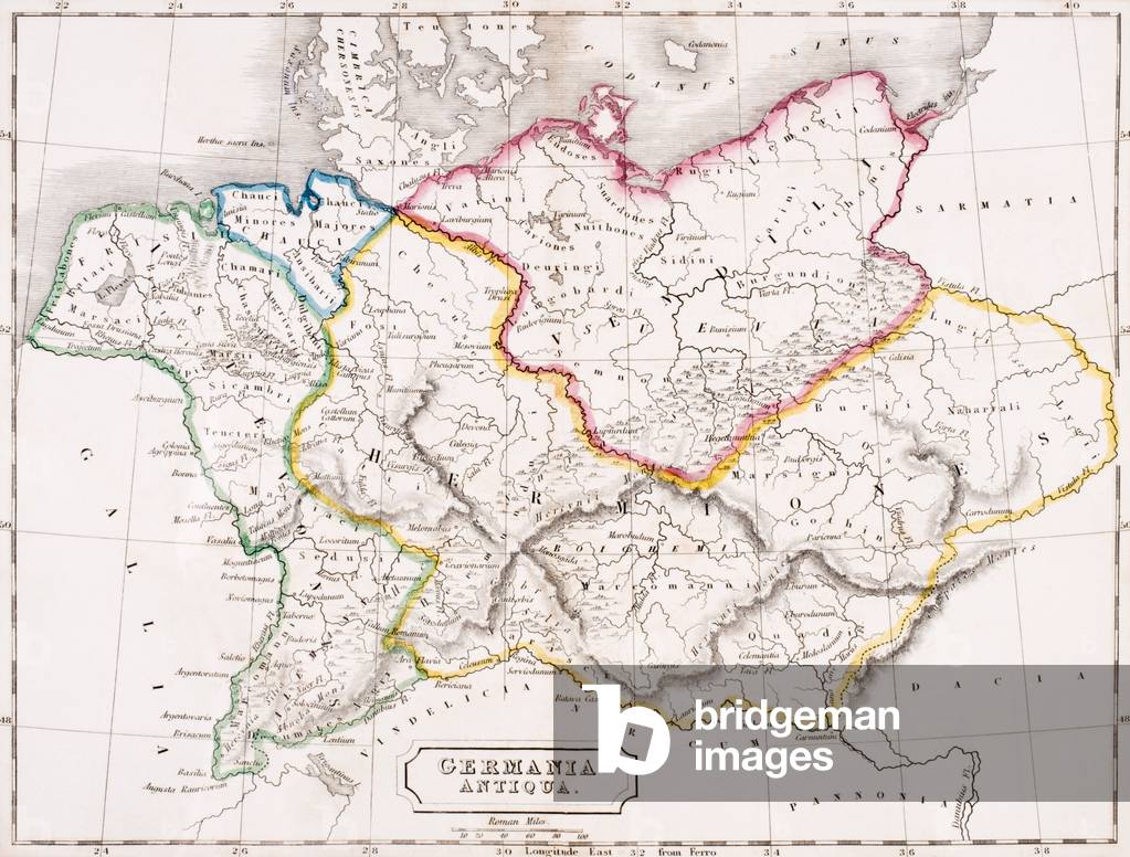 Map of Germany, Germania Antiqua, from 'The Atlas of Ancient Geography', by Samuel Butler, published in London, c.1829 (colour litho)
