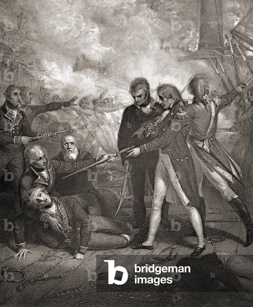 The San Nicolas and San Josef carried by boarding. Horatio Nelson, 1758-1805. British naval commander during the battle of Cape St. Vincent, 1797. Illustration by Westall