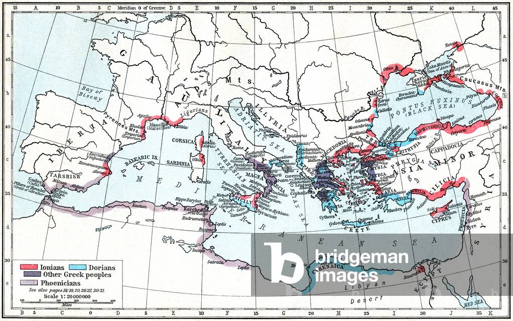 Map of Greek and Phoenician settlements in the Mediterranean basin c.550 B.C.  From Historical Atlas, published 1923.
