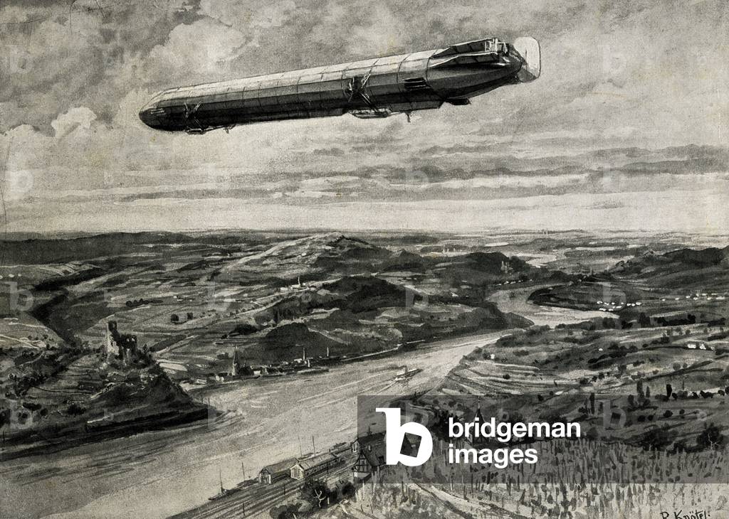 Zeppelin Airship in flight over the Rhine (litho)