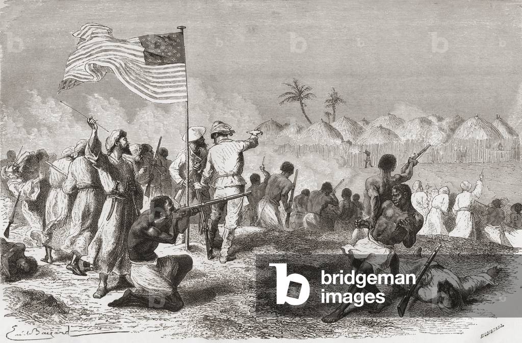 Stanley's attack on Zimbizo during his expedition in 1871, illustration from 'The World in the Hands', engraved by Henri Theophile Hildibrand (1824-97), published 1878 (engraving)
