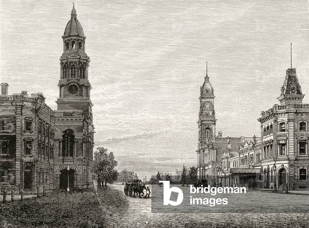 King William Street, Adelaide, c.1880, from 'Australian Pictures' by Howard Willoughby, published by the Religious Tract Society, London, 1886 (litho)