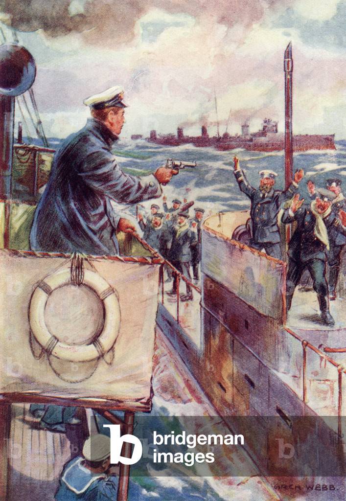 'Twenty-four German hands shot into the air', after an illustration by Archibald Webb, from 'Midshipman Rex Carew V.C.' by John S. Margerison, published c.1920 (colour litho)