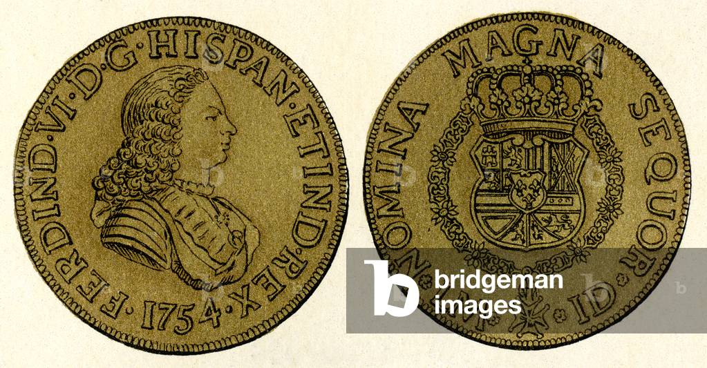 A 1754 Spanish gold 8-doubloon coin, or piece of eight, showing the head of the Spanish king Ferdinand VI , from Enciclopedia Ilustrada Segui, c.1900