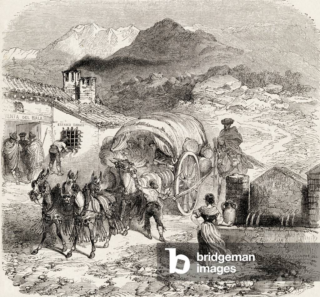 A covered wagon drawn by mules arriving at a roadside inn in Sierra Nevada, Granada, Spain, from 'El Mundo en la Mano', pub. 1878 (print)