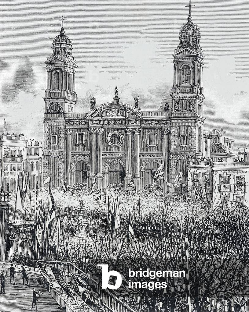 The Cathedral in the Plaza de la Constitucion, Montevideo, Uruguay, 1880s (engraving)
