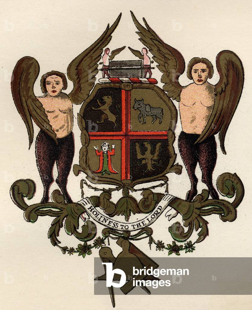 Masonic arms, after a painted panel in the possession of W.H.Y. Rylands, from 'The History of Freemasonry, volume II', published by Thomas C. Jack, London, 1883 (colour litho)