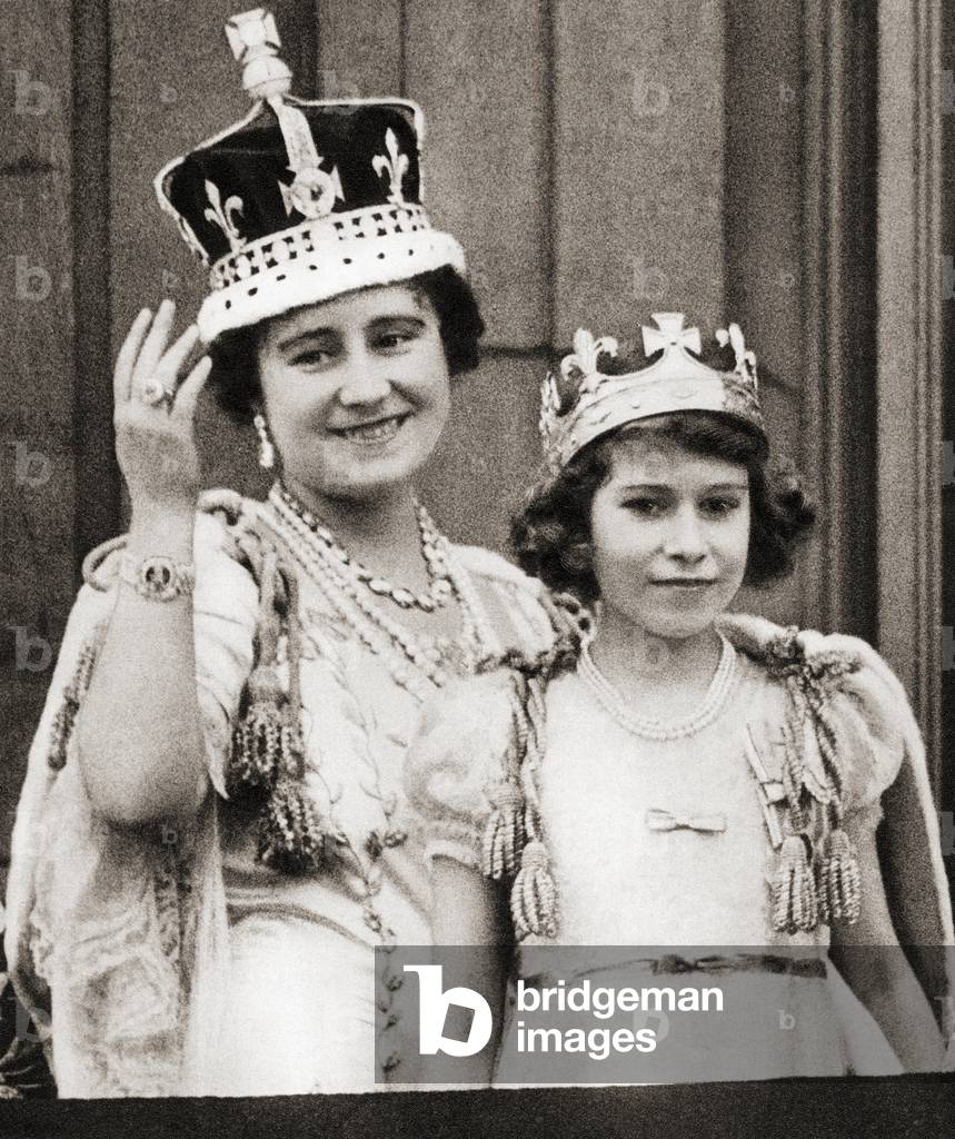 Queen Elizabeth, The Queen Mother with Princeess Elizabeth on Coronation Day in 1937 (b/w photo)