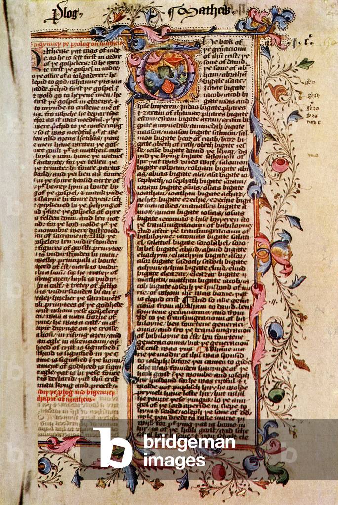 First page of St. Matthew's Gospel, after a 15th century illuminated MS of the Wyclife Bible.  From Impressions of English Literature, published 1944.