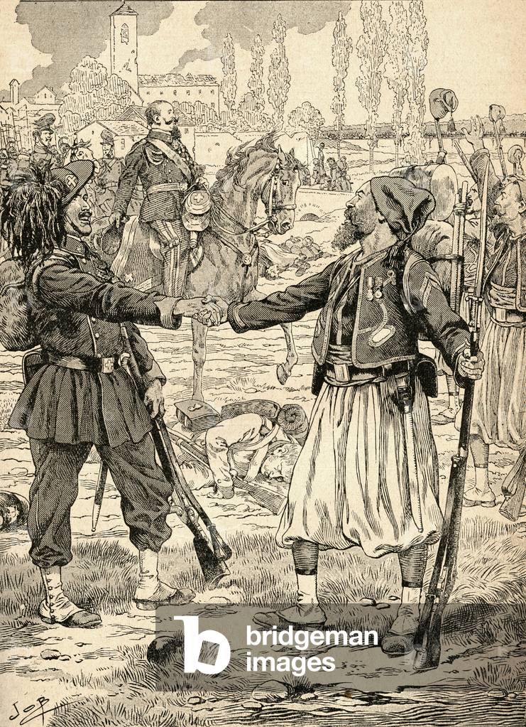 French and Sardinian soldiers shaking hands to celebrate their victory against the Austrians after the Battle of Palestro, Italy, 1859.  From Agenda Buvard du Bon Marche published 1917.