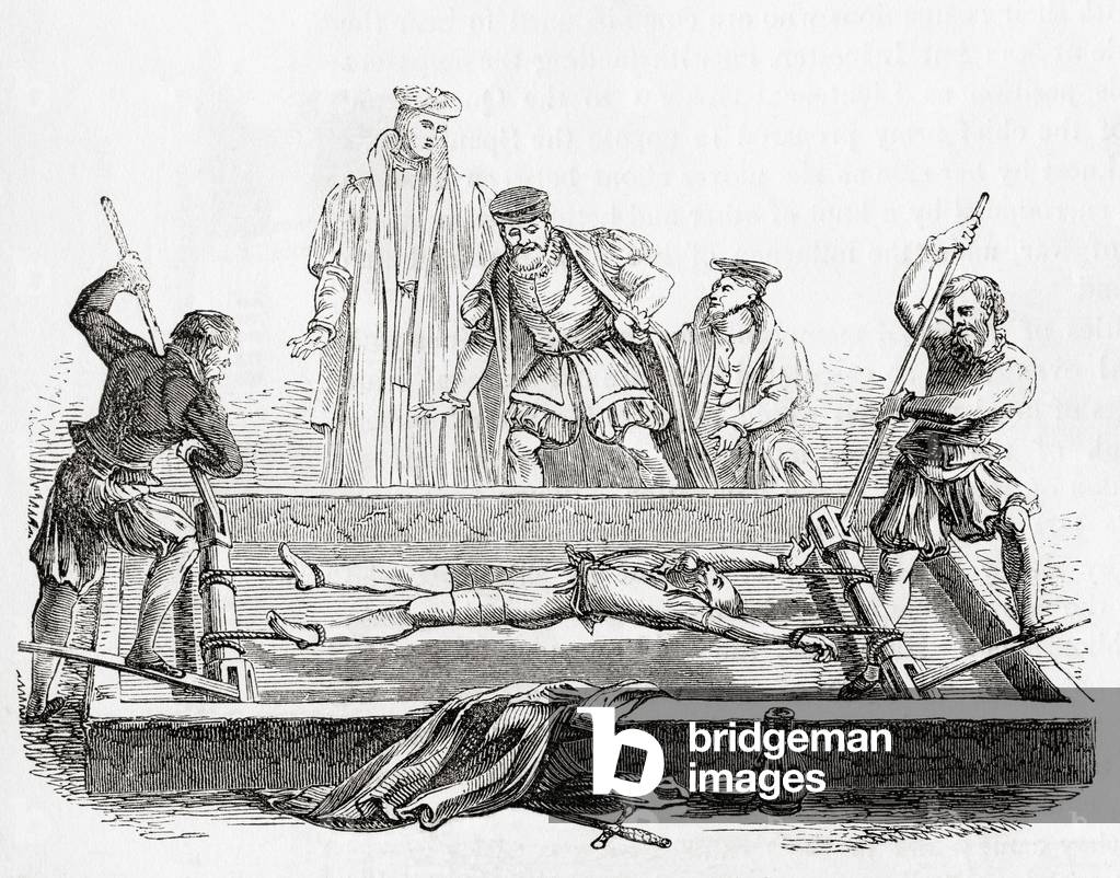 Cuthbert Simpson, also Symson, Simson or Symion, tortured on the rack in the Tower of London, during the Marian persecution, 1558, from Old England: A Pictorial Museum, pub. 1847