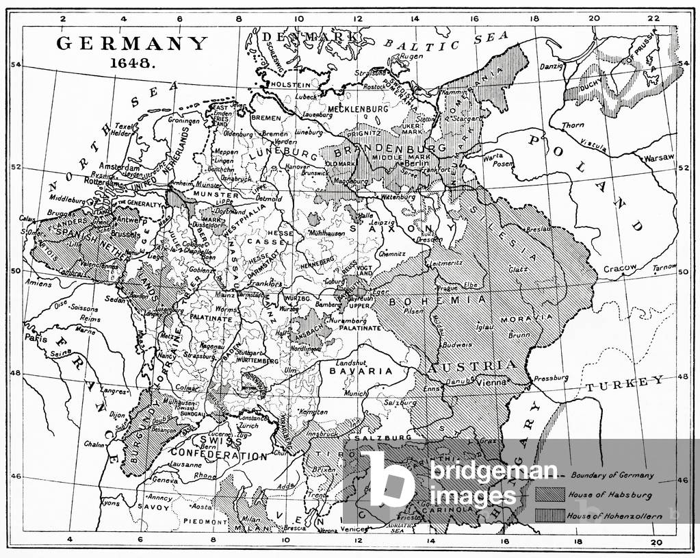Map of Germany in 1648 after the Peace of Westphalia, from Hutchinson's History of the Nations, pub. 1915