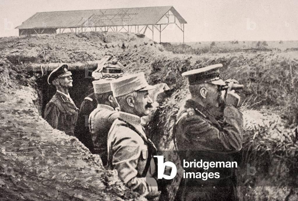 Lord Kitchener with binoculars with General Joffre in trench on Western Front, August 1915, from 'The War Illustrated Album deLuxe', published in London, 1916 (litho)