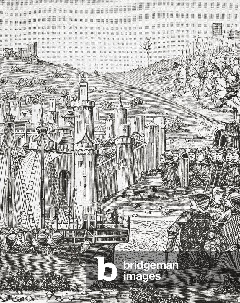 King Charles VII, upon quitting Rouen, sets out to besiege the town of Harfleur, after a miniature from the 15th century manuscript Chroniques de Monstrelet, from Science and Literature in The Middle Ages by Paul Lacroix pub. London 1878