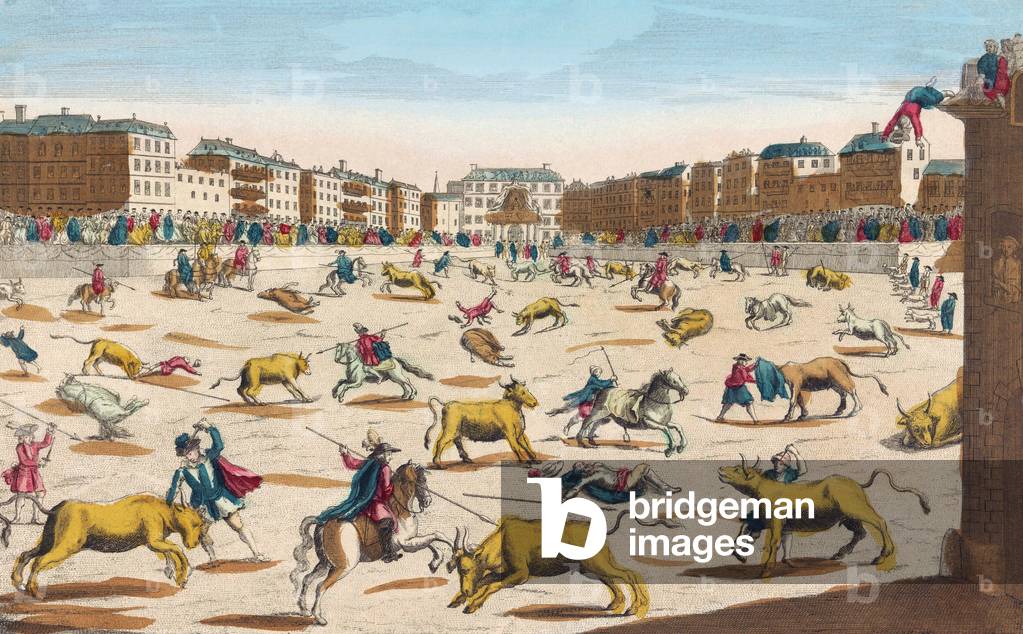 Bullfight, Plaza Mayor, Madrid in 18th century (engraving)