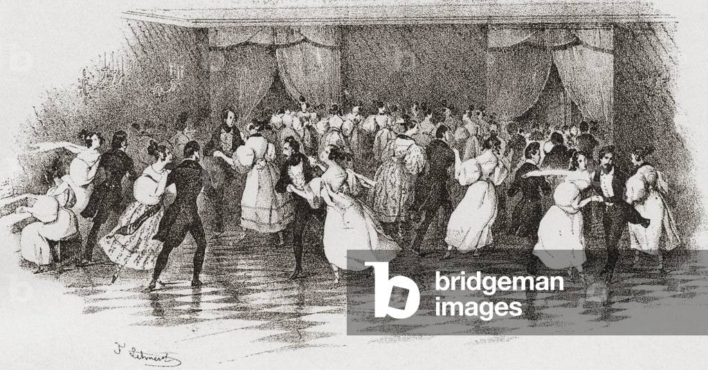 Dancing the polka at a ball in 1830.  From Illustrierte Sittengeschichte vom Mittelalter bis zur Gegenwart by Eduard Fuchs, published 1912.