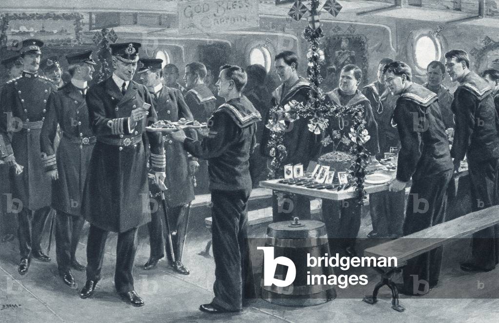 Christmas day on board ship in the North Sea during the First World War - the captain samples the men's food, from 'The Illustrated War News', published in 1914 (litho)