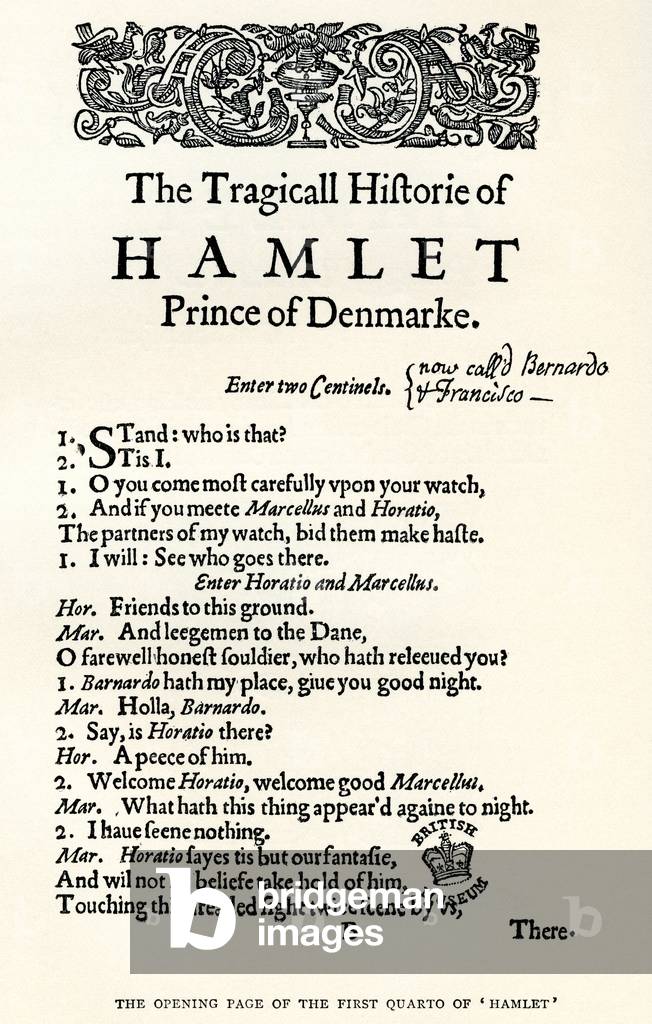 After the opening page of the first cuarto of Shaekspeare's play Hamlet, from A Life of William Shakespeare, pub. 1908