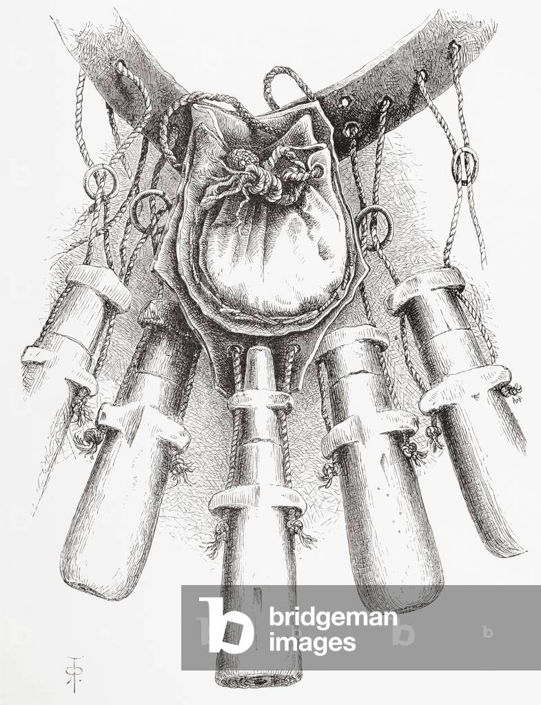 Bandoleers, showing the arrangement of the cords, rings, bullet bag and primer, from The British Army: Its Origins, Progress and Equipment, published 1868.