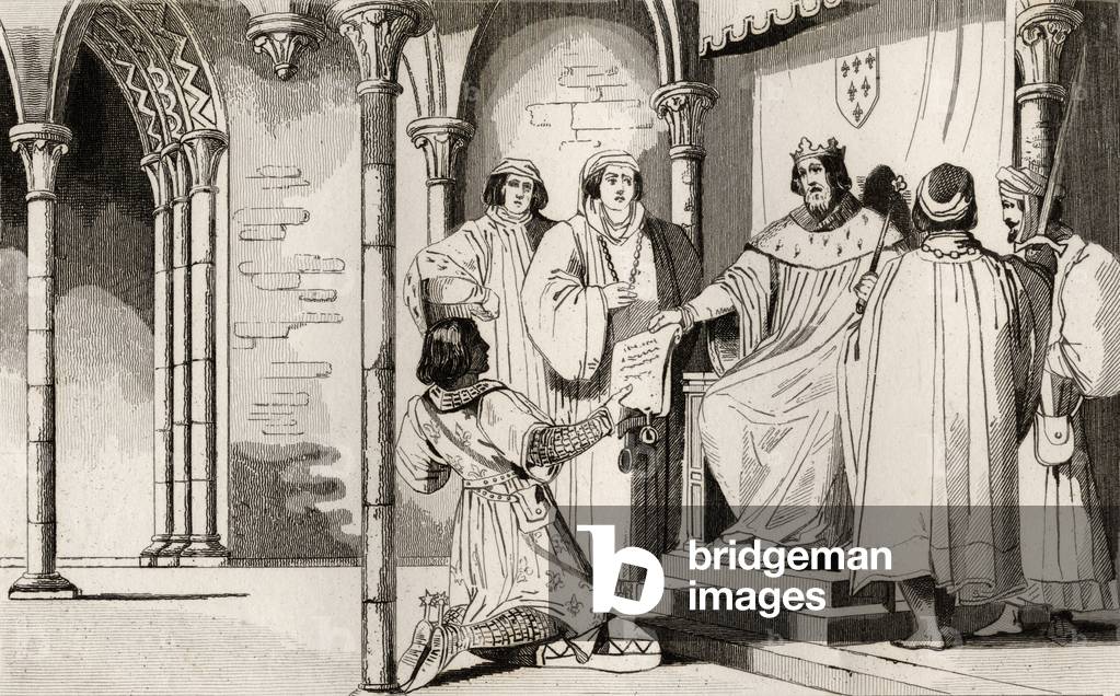 Charles IV (1294-1328) the Handsome receives a plea at court, from'Histoire de France' by Colart, published c.1840 (engraving)