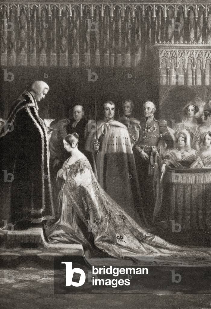 Queen Victoria (1819-1901) receiving the Holy Sacrament after her coronation (b/w photo)