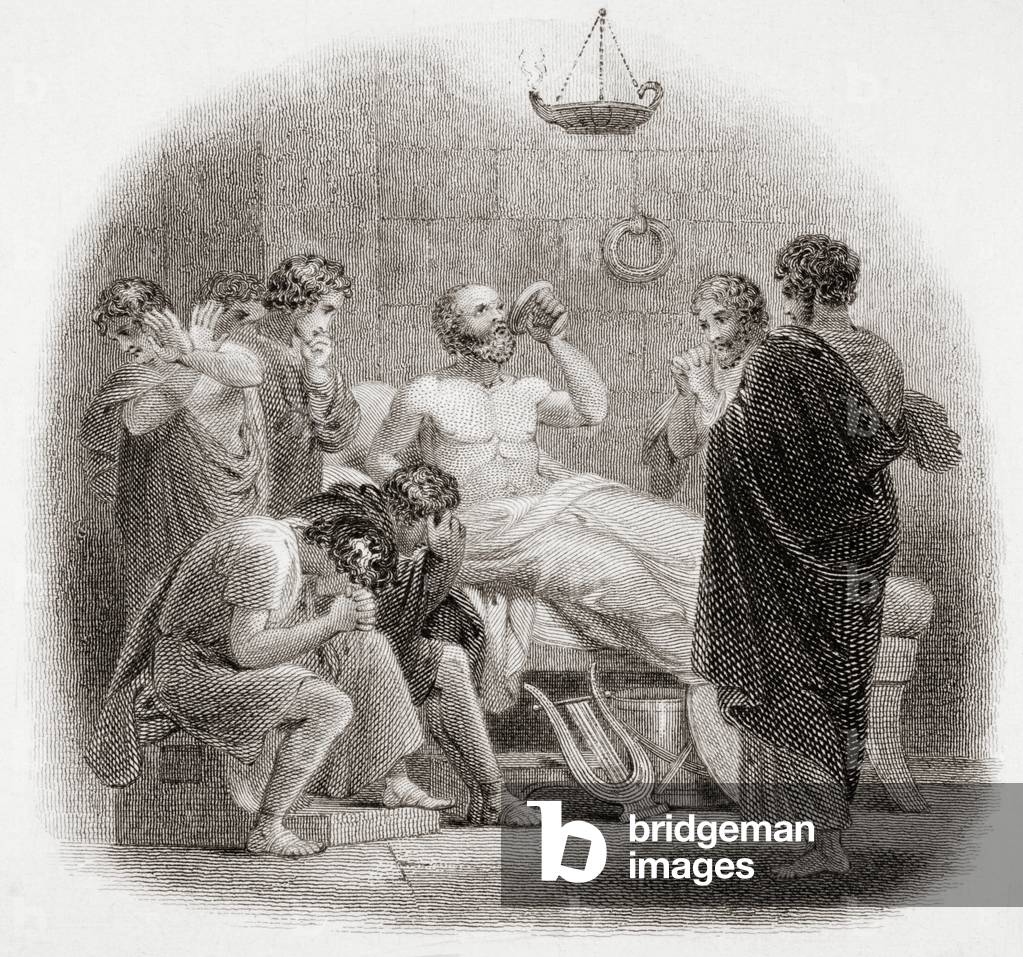 Death of Socrates, 469 - 399 B.C. Engraved by F. Finden after H. Corbould, from the book A History of Greece by Connop Thirlwall Bishop of St. Davids.