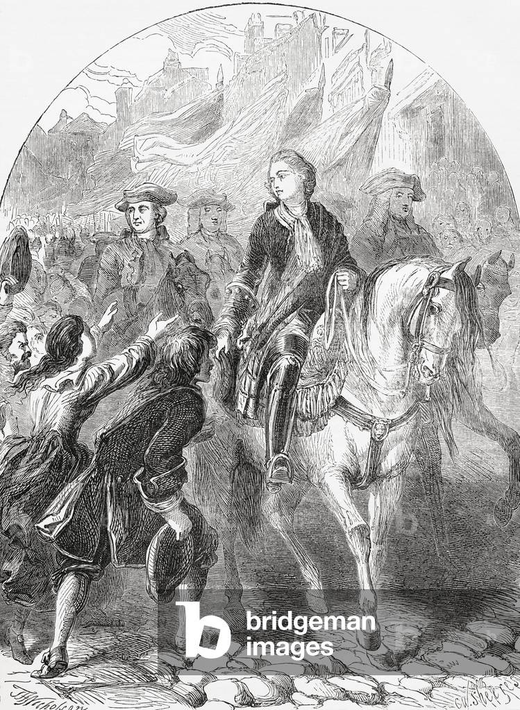 The Old Pretender entering Dundee, 1715. c.1890 (engraving)