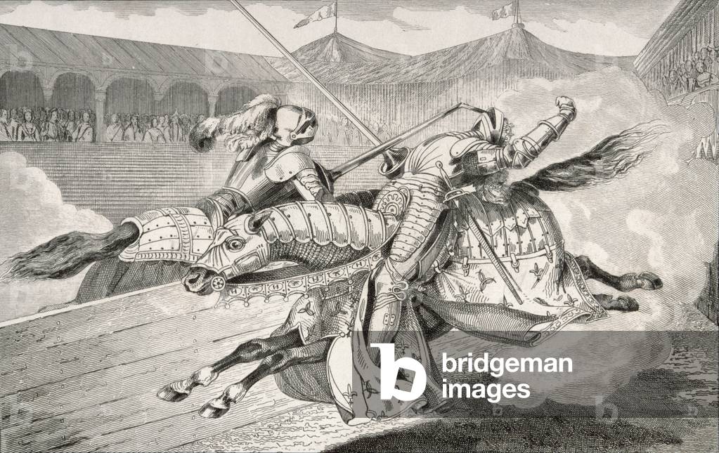 Henri II (1519-59) is fatally wounded at a joust during his daughter's wedding celebrations, from 'Histoire de France' by Colart, published c.1840 (engraving)                              H