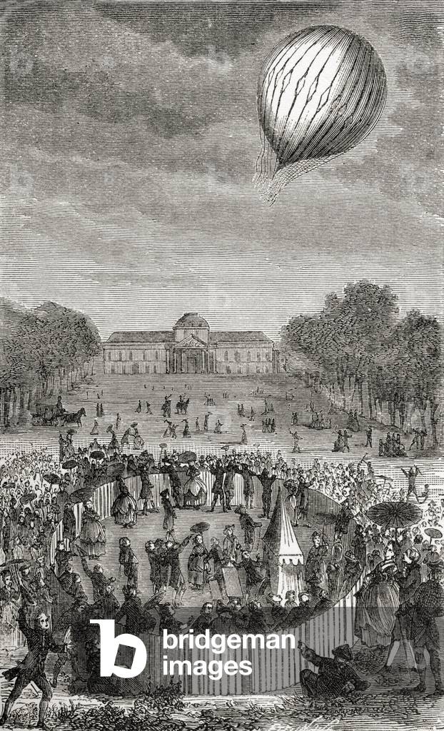 Ascent of Charles's balloon over the Champs de Mars, from 'Wonderful Balloon Ascents or the Conquest of the Skies', by Fulgence Marion, published in c.1870 (litho)