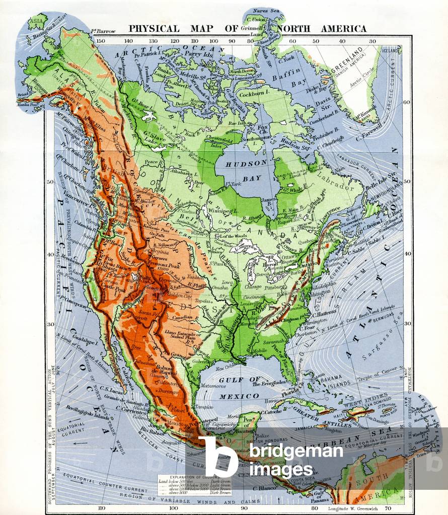 Physical Map of North America in the late 19th century.