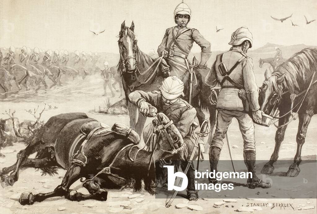 English cavalry watering their horses during the Mahdist War, Sudan in the 1880s (litho)