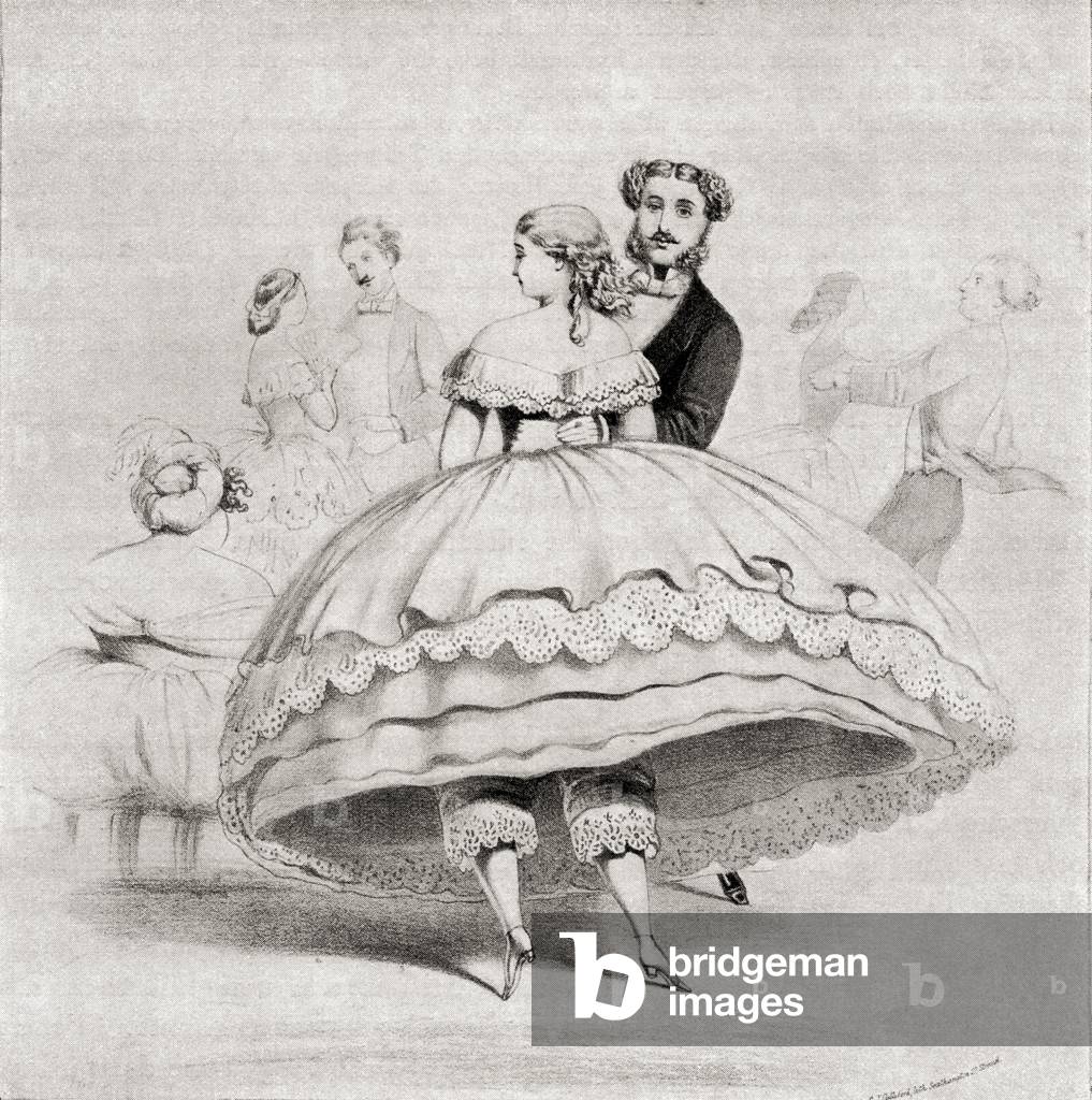 19th century lady arriving at a ball wearing a crinoline.