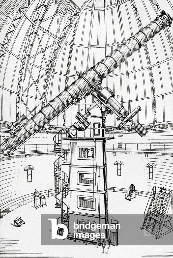 The 100 cm (40 in) refracting telescope in the Yerkes Observatory, Williams Bay, Wisconsin, United States of America , from Meyers Lexicon, pub. 1924 (print)