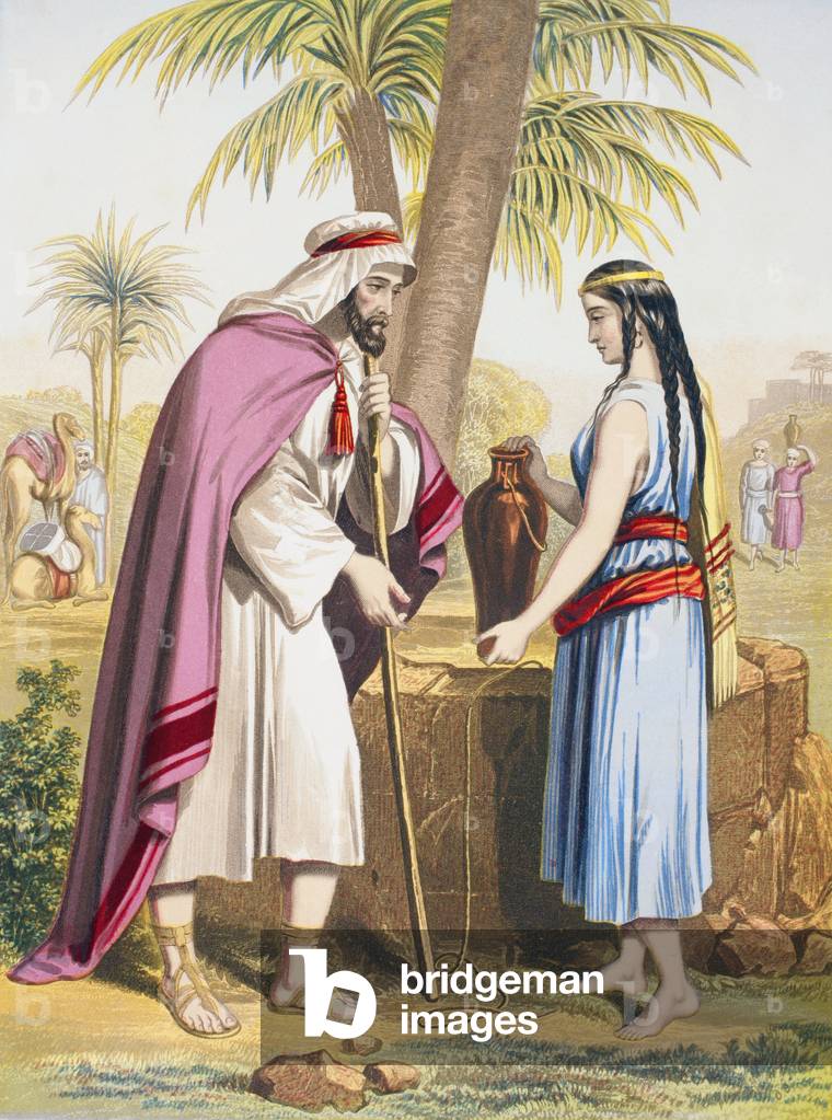 Abraham's servant Eliezer and Rebekah at the well (litho)