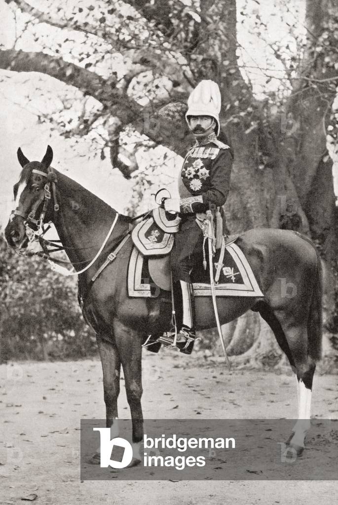 Lord Kitchener during his time in India, 1902-1909, on his favourite charger, Democrat.  Field Marshal Horatio Herbert Kitchener, 1st Earl Kitchener, 1850  1916. British Field Marshal.   From Field Marshal Lord Kitchener, His Life and Work for the Empire, published 1916.