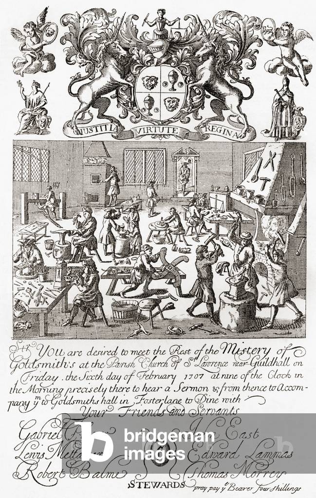 Invitation to a meeting of The Worshipful Company of Goldsmiths, 1707, from the book Short History of the English People by J.R. Green, pub. London 1893