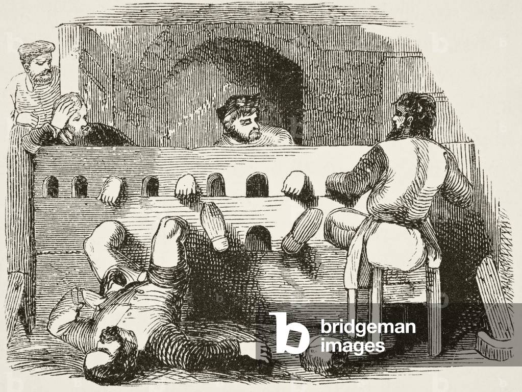 Prisoners locked in the stocks, from 'The National and Domestic History of England' by William Hickman Smith Aubrey (1858-1916) published London, c.1890 (litho)